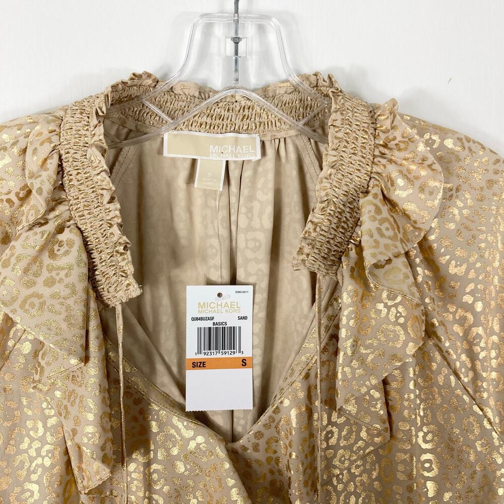 NWT MICHAEL KORS Top S Gold Geo Dots Ruffle Bow-Tie Balloon-Flounce-Long-Sleeve - Picture 10 of 16